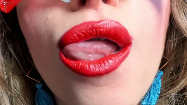 Poster: Petite Mercy - - Poppy Red Lipstick Blowing Bubbles -Handpicked Jerk-Off Instruction